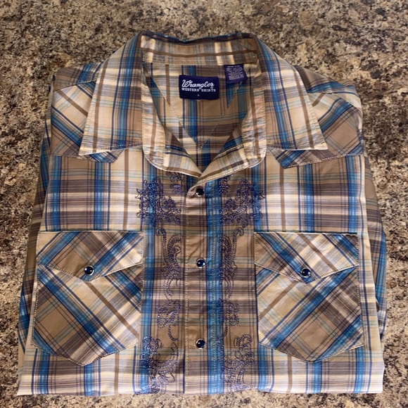 Vintage Wrangler Western Tan Embroidered Long Sleeve Blue Snap Button Shirt Sz L - Picture 14 of 16